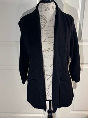 LISETTE L Black Open-Front Women's Blazer Jacket with 3/4 Ruched Sleeves Large